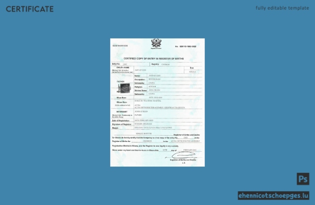 Ghanaische Geburtsurkunde im PSD-Format – Beispielvorschau